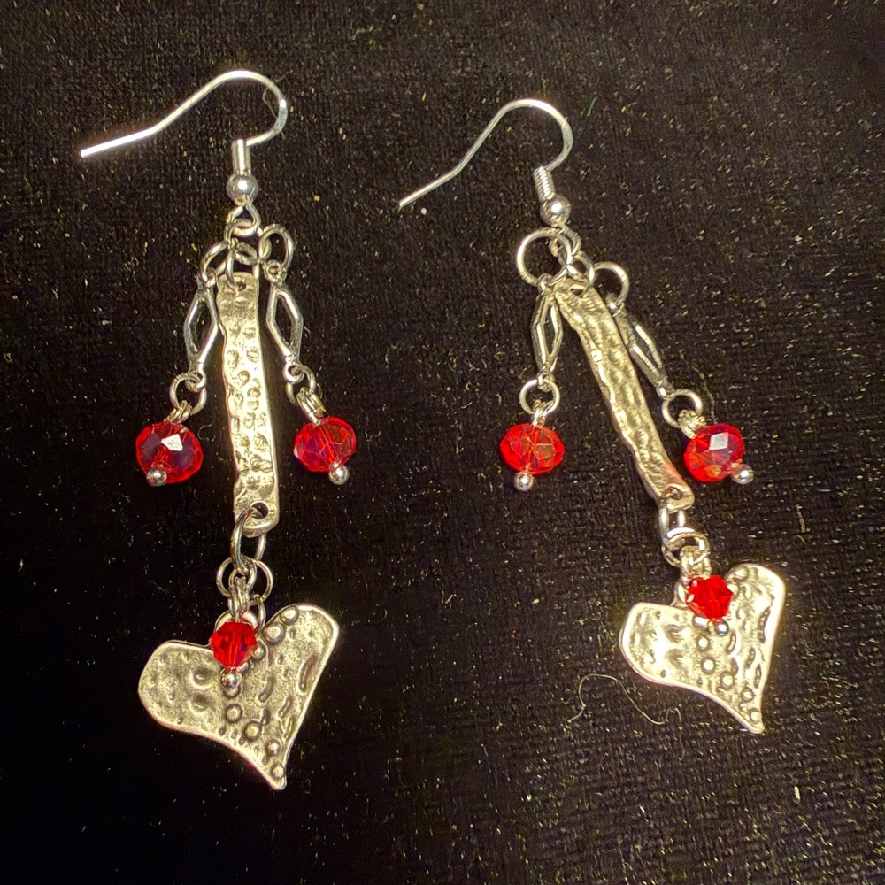 Silver colored Heart Earrings with Red Accents